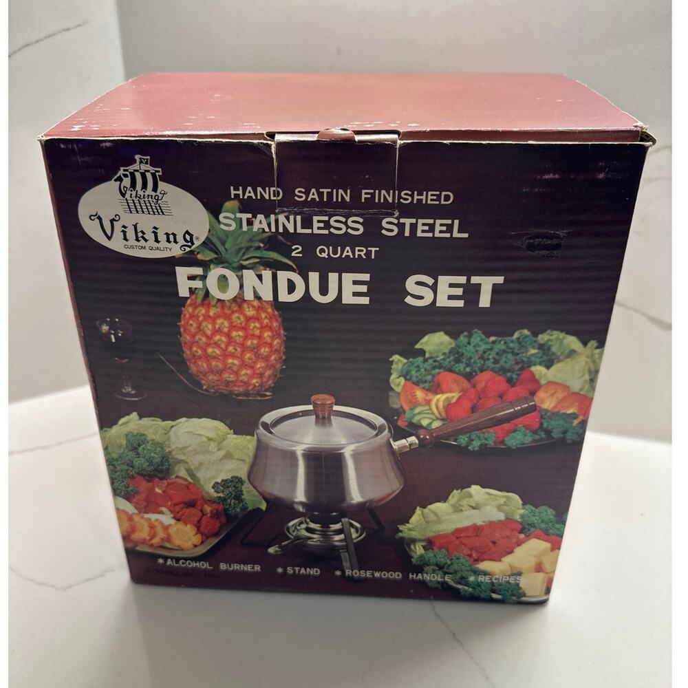 Vintage 1970’s Viking Stainless Steel 2 Qt Fondue Party Set Brand New Original